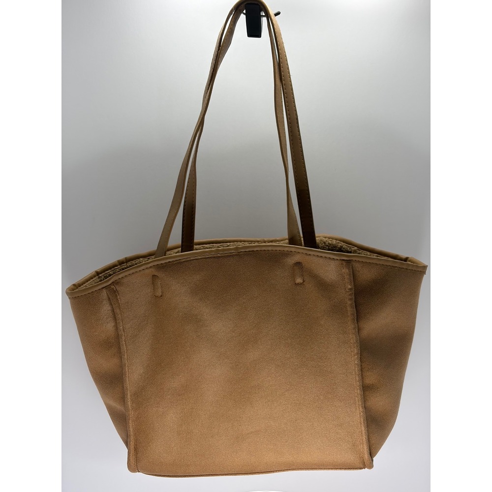 Neiman Marcus Tan Faux Suede Sherpa Lined Tote Bag Shoulder Purse